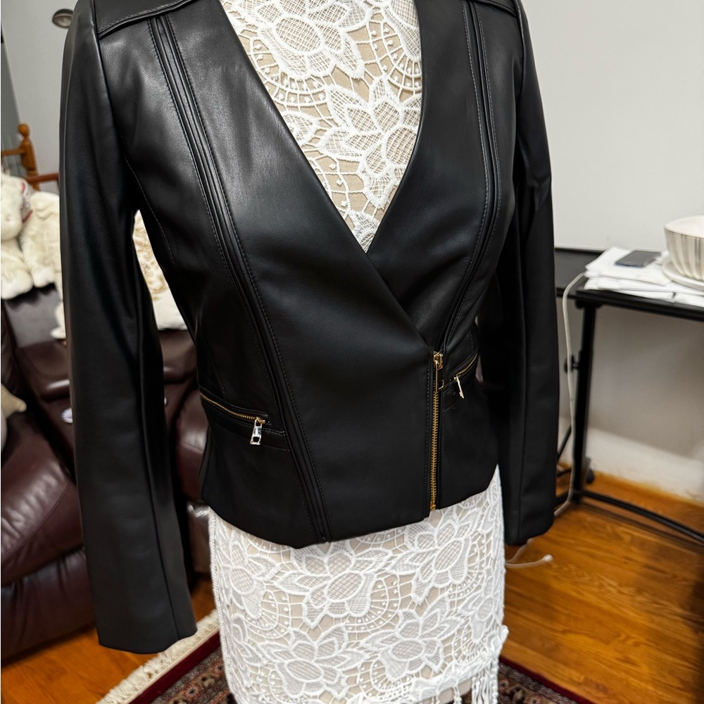 White House Black Market Black faux Leather Jacket with Gold Zipper Details NWT